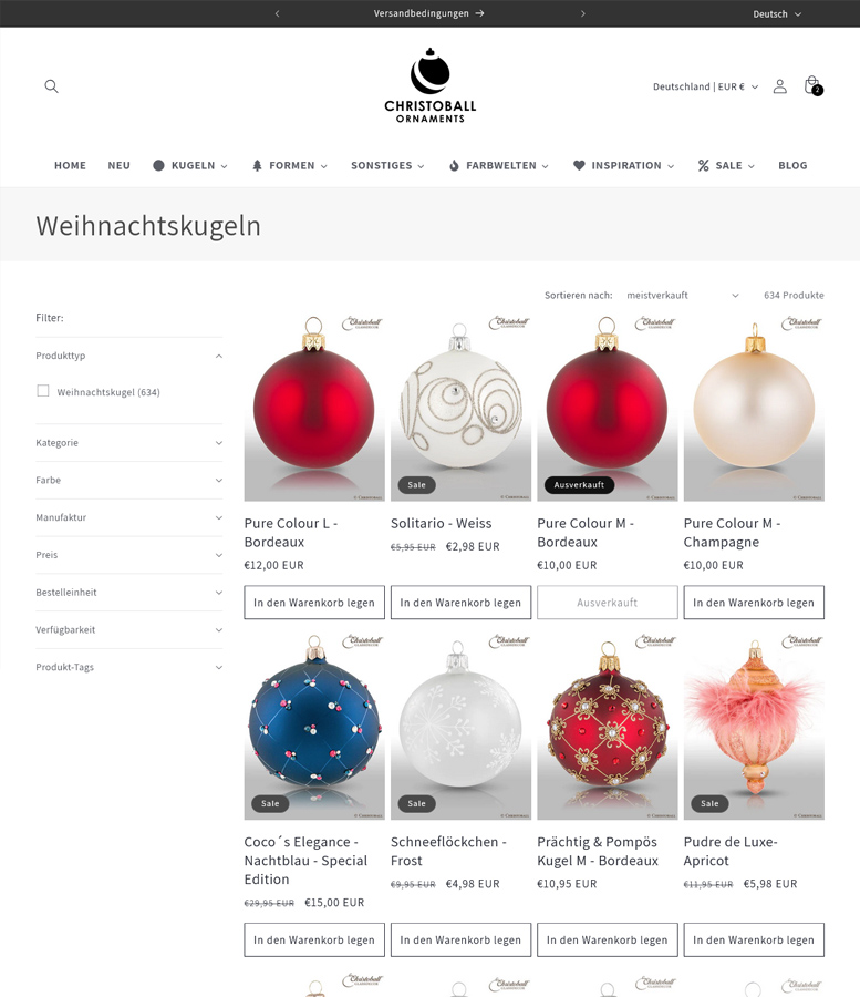 shopify christoball webshop Produktdübersicht mit Filter
